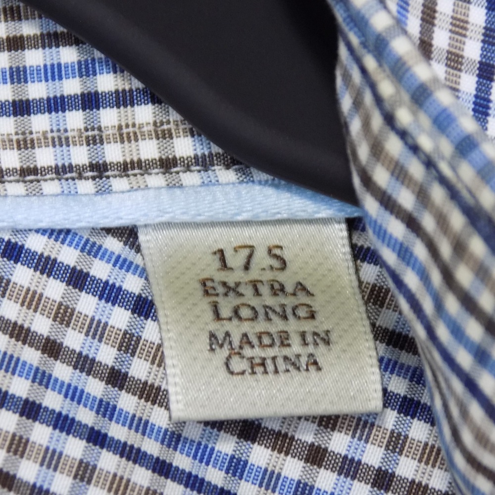 Peter Millar Nanoluxe Shirt Mens 17.5 Blue Brown Check Extra Long Button-Down - Picture 6 of 9